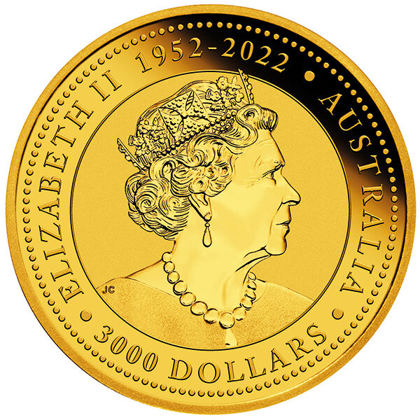 Rückseite der Australian Kangaroo Goldmünze 1 kg 2023 mit Kangaroo-Motiv, Feingewicht und Feingehalt