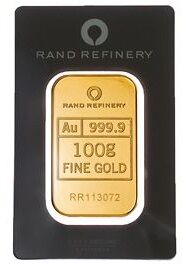 Vorderseite eines geprägten 100 g Rand Refinery Goldbarrens mit Herstellerlogo sowie Angaben zu Feingewicht und Feinheit