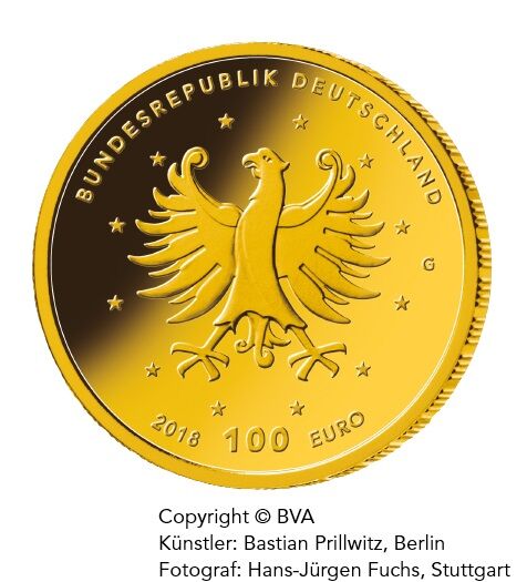 Wertseite der 100 Euro Goldmünze Schlösser Augustusburg und Falkenlust in Brühl 2018 mit Bundesadler, Nennwert und Jahrgang