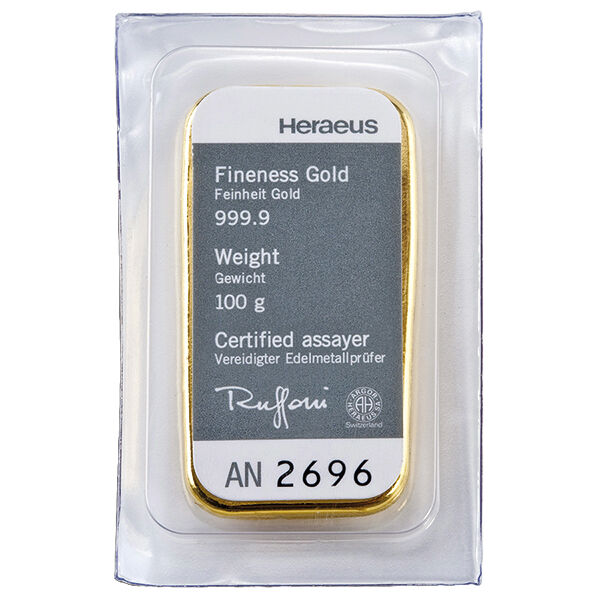 100 g Goldbarren Heraeus gegossen 100 g Goldbarren Heraeus gegossen