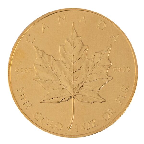 Vorderseite der Maple Leaf Goldmünze 1 Unze 1989 mit Monarchenporträt, Nennwert und Jahrgang