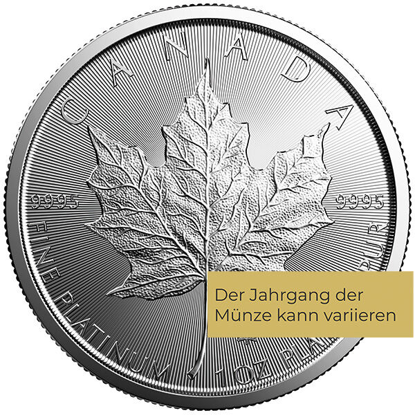 Weitere Rückseitenansicht der Maple Leaf Platinmünze 1 Unze mit Ahornblatt-Motiv, Feingewicht und Feingehalt