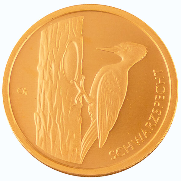 Vorderseite der 20 Euro Goldmünze Heimische Vögel 2021 mit Bundesadler, Nennwert und Prägejahr