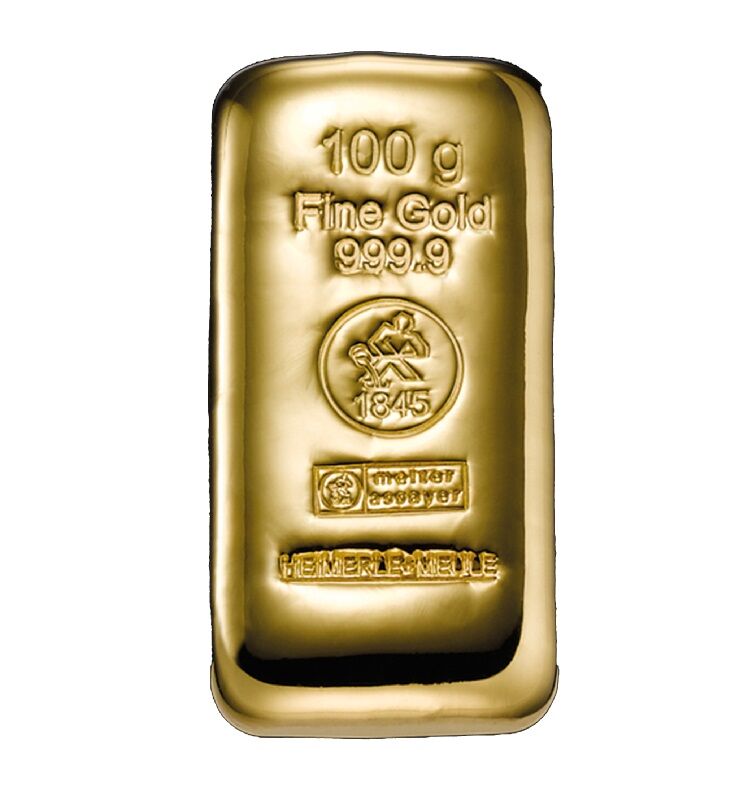 Vorderseite eines gegossenen 100 g Heimerle + Meule Goldbarrens mit Herstellerlogo, Feingewicht und Feinheitsangabe