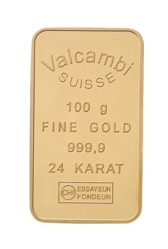 100 g Goldbarren geprägt Vorderseite Valcambi