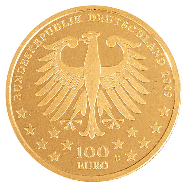 Wertseite der 100 Euro Goldmünze Trier 2009 mit Bundesadler, Nennwert und Prägejahr