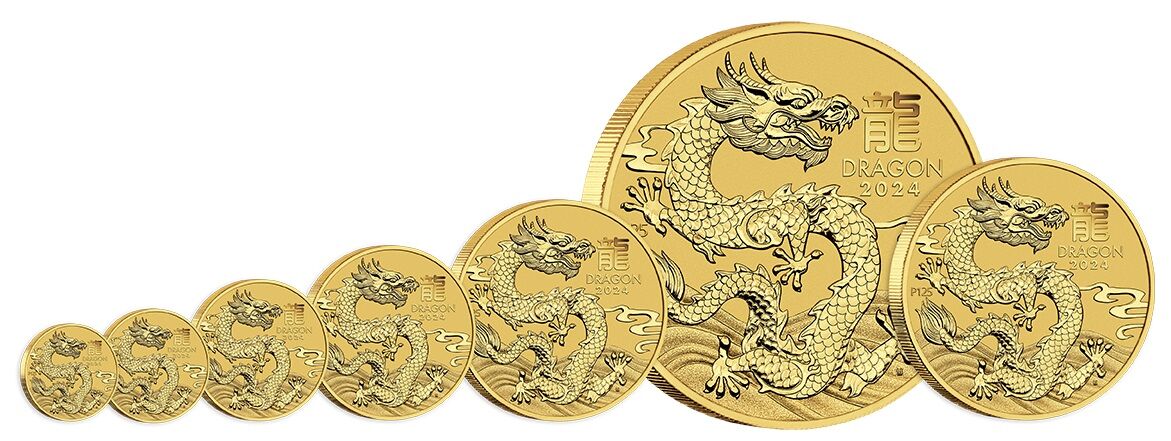 Übersicht verschiedener Stückelungen der Lunar III Drache Münzserie 2024