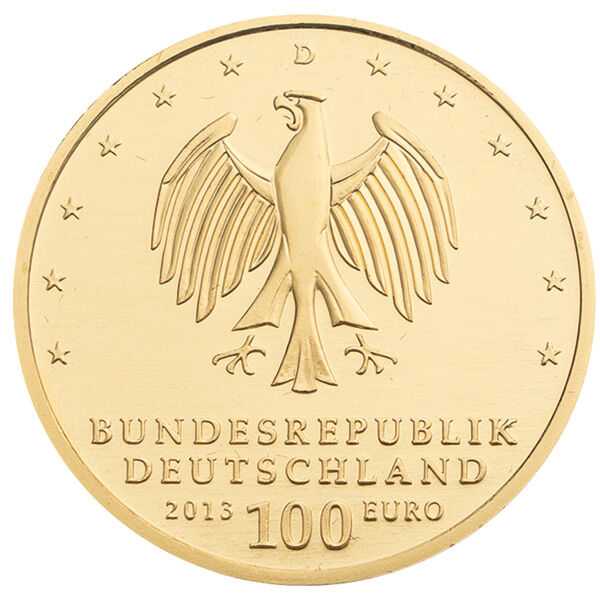 Goldeuro 100 € 1/2 Unze 2013 Gartenreich Dessau Wertseite Goldeuro 100 € von 2013 mit dem UNESCO Welterbe Gartenreich Dessau zeigt auf der Werseite den Bundesadler