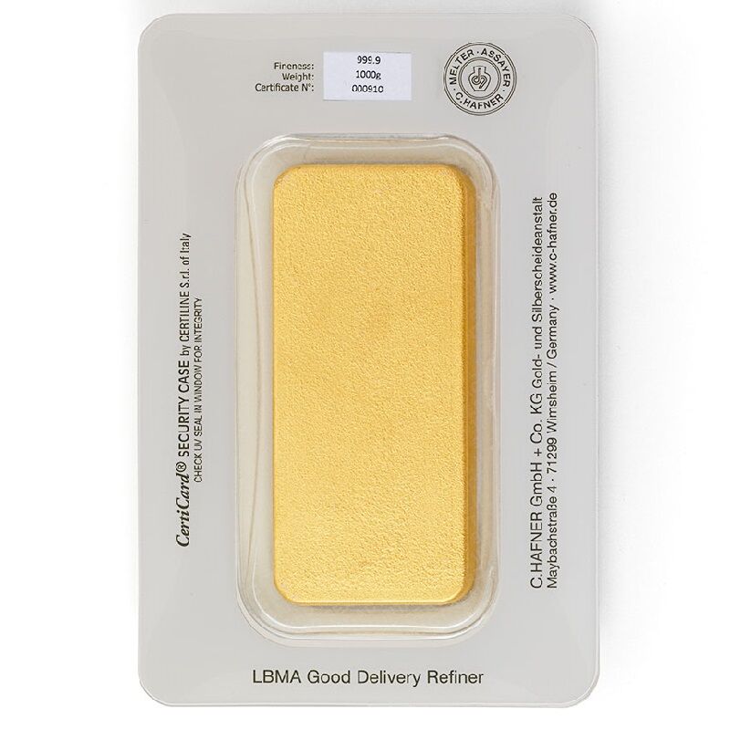 Rückseite eines 1 kg C. Hafner Goldbarrens mit Produktangaben