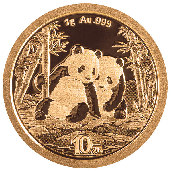 Weitere Vorderseitenansicht der China Panda Goldmünze 1 g 2026 mit Himmelstempel, chinesischen Schriftzeichen und Jahrgang