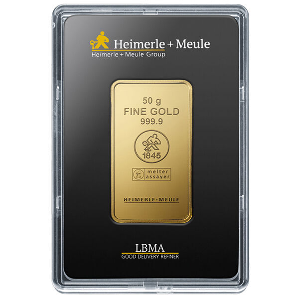 50 g Goldbarren Heimerle und Meule geprägt 50 g Goldbarren Heimerle und Meule geprägt