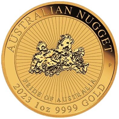Vorderseite der Australian Nugget Goldmünze 1 Unze 2023 Pride of Australia mit Monarchenporträt, Nennwert und Jahrgang
