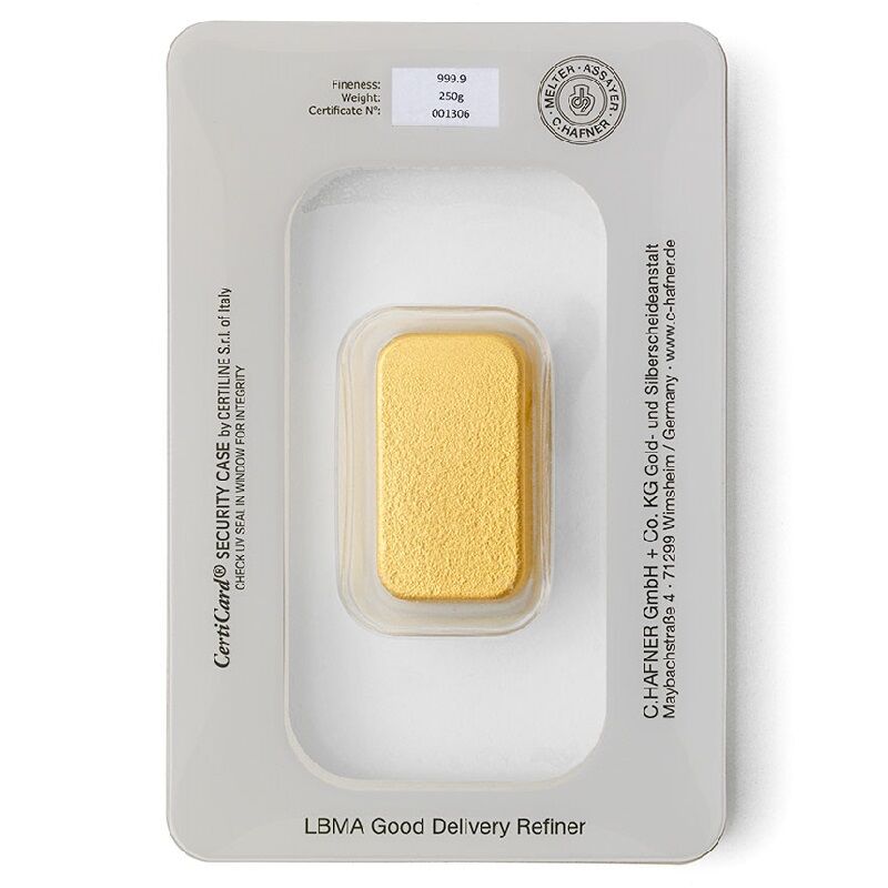 Rückseite eines 250 g C. Hafner Goldbarrens mit Produktangaben