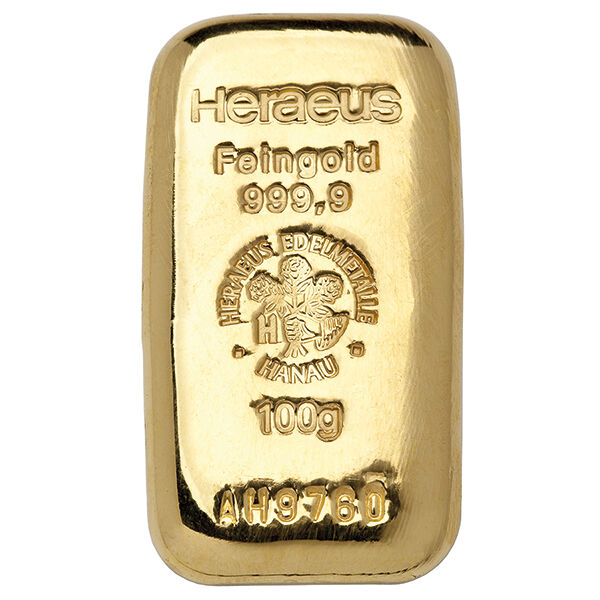 100 g Goldbarren Heraeus gegossen