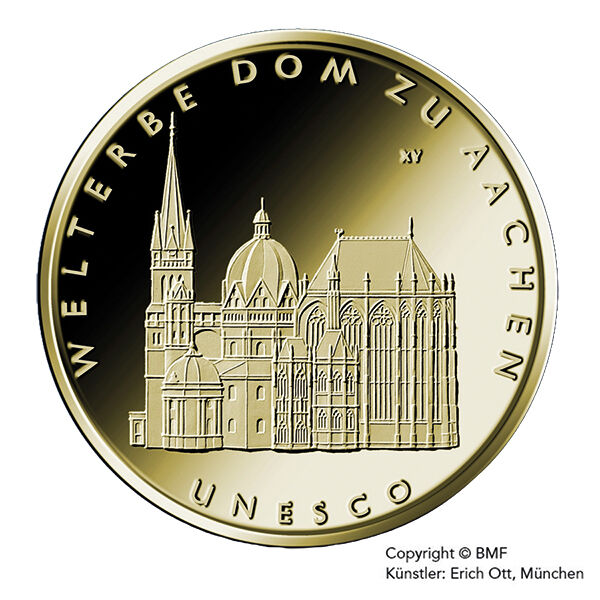 Goldeuro 100 € 2012 Aachener Dom Bildseite Goldeuro 100 € von 2012 zeigt das Münzbild mit dem UNESCO Welterbe Aachener Dom