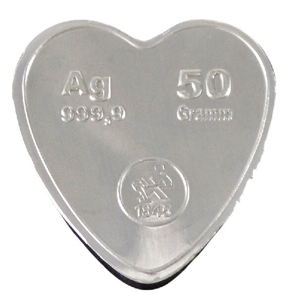 50g Silberherz Silberbarren Rückseite Heimerle und Meule Moroder Scheideanstalt 50g Silberherz Silberbarren Rückseite Heimerle und Meule Moroder Scheideanstalt