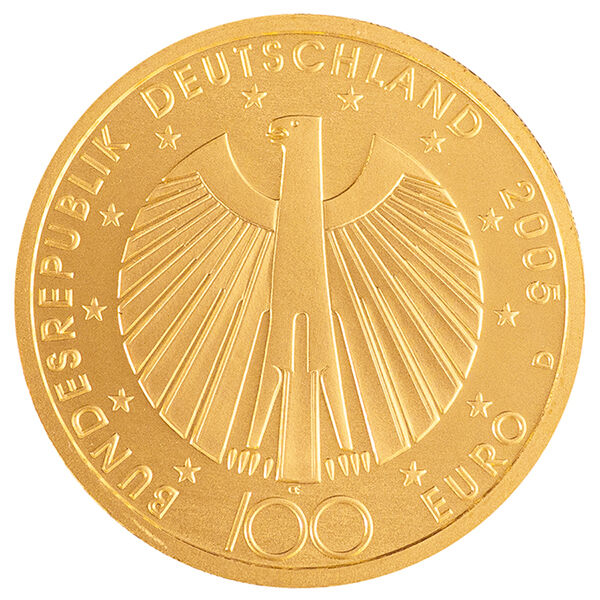 Wertseite der 100 Euro Goldmünze zur FIFA Fußball WM 2006 Deutschland mit Bundesadler, Nennwert und Prägejahr