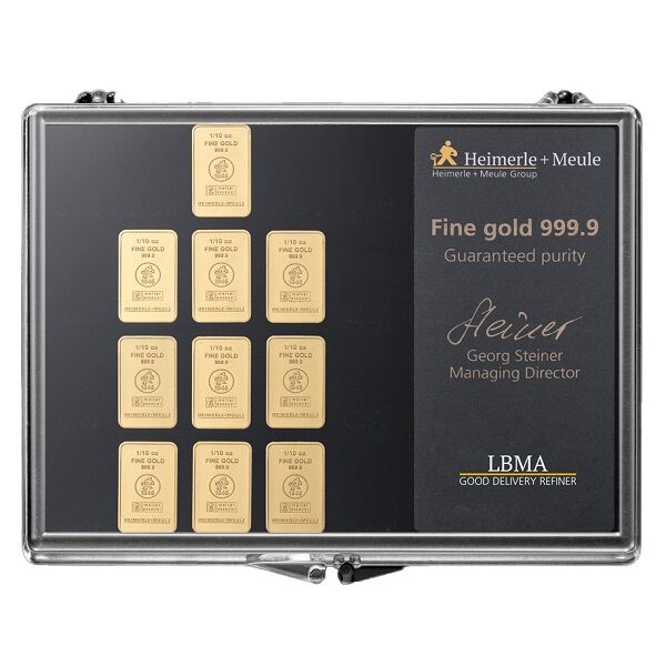 Weitere Vorderseitenansicht der Heimerle + Meule UnityBar Collection mit 10 Goldbarren zu je 1/10 Unze
