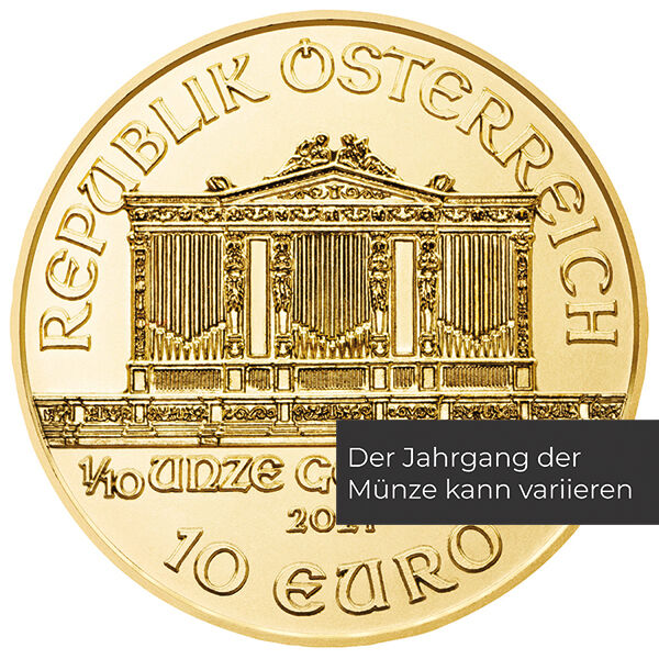 Weitere Vorderseitenansicht der Wiener Philharmoniker Goldmünze 1/10 Unze 2021 mit Orgelmotiv, Nennwert und Jahrgang