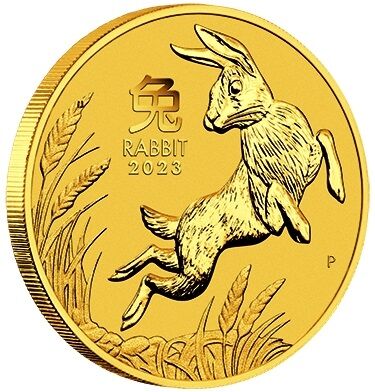 Rückseite der Lunar III Hase Goldmünze 2023 mit Hasen-Motiv und Angaben zu Feingewicht und Feingehalt