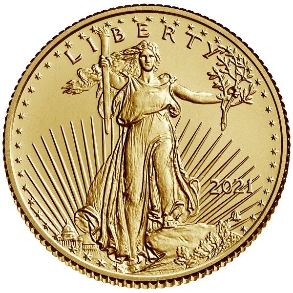 Vorderseite der American Eagle Goldmünze 1/10 Unze 2021 mit Adler-Motiv, Feingewicht und Feingehalt