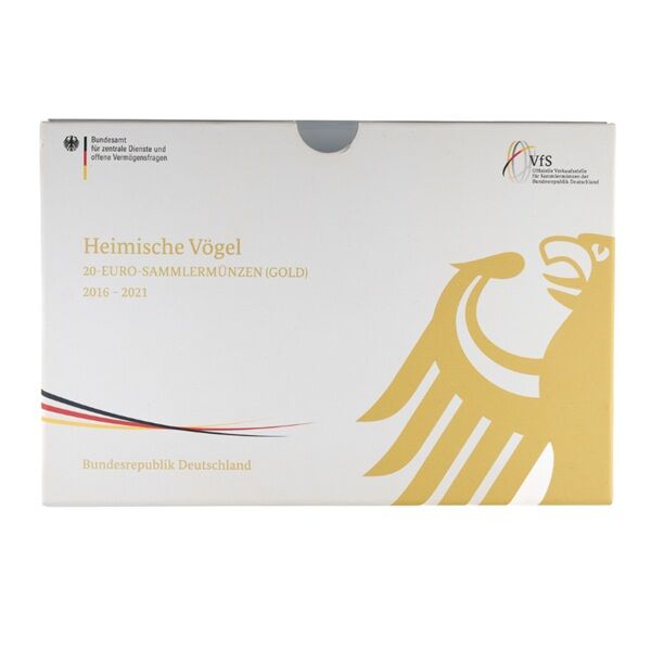 Vorderansicht des Komplett-Sets der 20 Euro Goldmünzen Heimische Vögel mit den Motiven der Serie