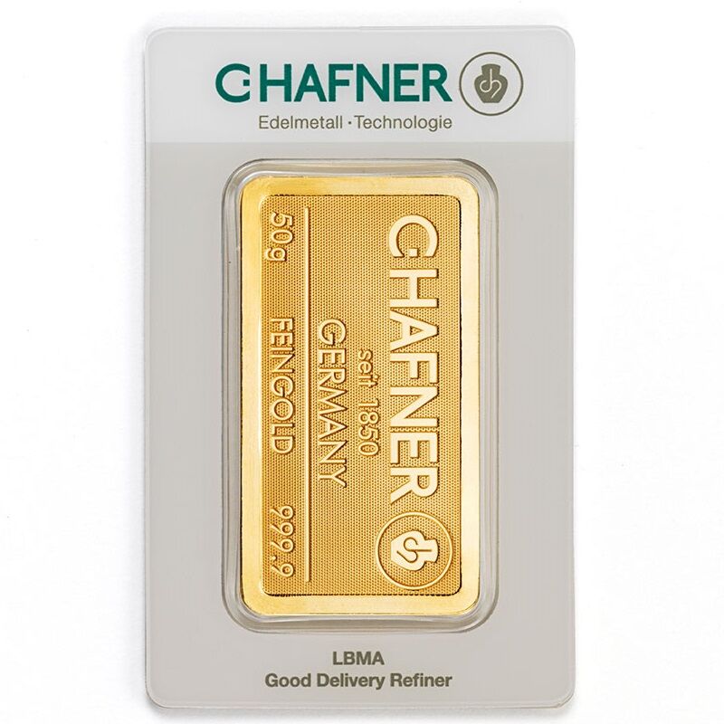 Vorderseite eines geprägten 50 g C. Hafner Goldbarrens mit Herstellerlogo, Feingewicht und Feinheitsangabe