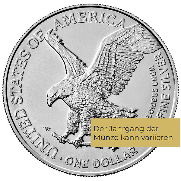 Weitere Rückseitenansicht der American Eagle Silbermünze 1 Unze 2021 mit Adler-Motiv, Feingewicht und Feingehalt