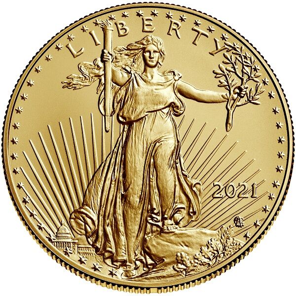 Vorderseite der American Eagle Goldmünze 1 Unze 2021 mit Liberty-Motiv, Nennwert und Jahrgang