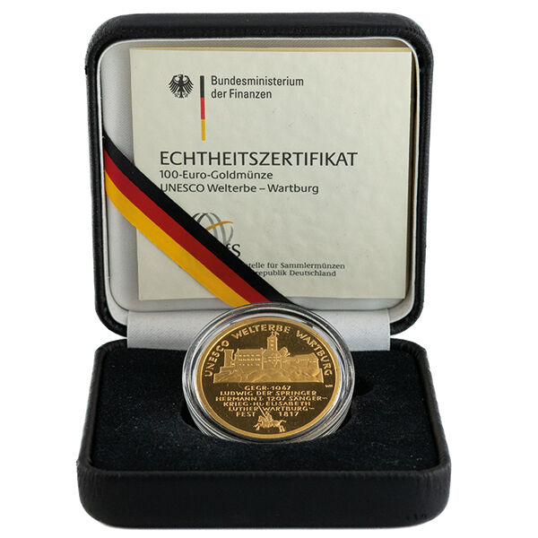 Goldeuro 100 € aus 2011 zeigt die Goldmünze Wartburg in der Hartschalenbox mit Zertifikat