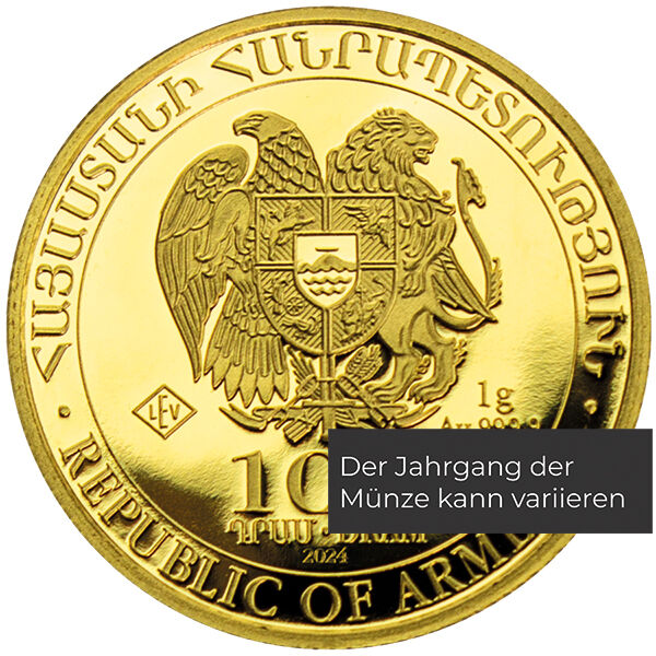 Weitere Rückseitenansicht der Arche Noah Goldmünze 1 g 2024 mit Arche-Noah-Motiv, Berg Ararat und Taube