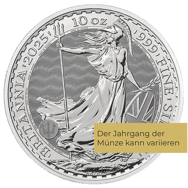 Weitere Rückseitenansicht der Britannia Silbermünze 10 Unzen 2025 mit Britannia-Motiv, Feingewicht und Feingehalt