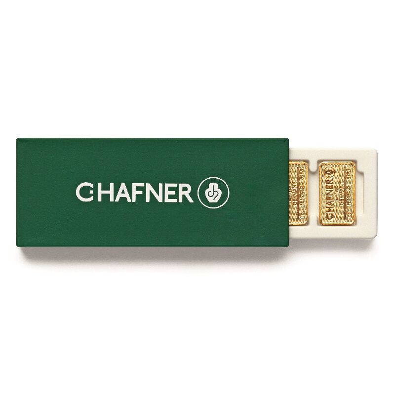 Geöffnete C.Hafner Smartbox mit 25 einzelnen 1 g Goldbarren in seitlicher Ansicht