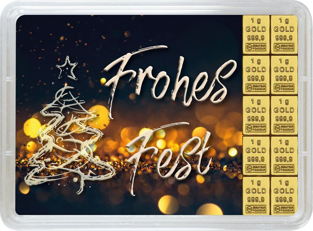 Rückseite des 10 g Gold-Geschenkbarrens Weihnachten mit Produktinformationen und weihnachtlicher Verpackung