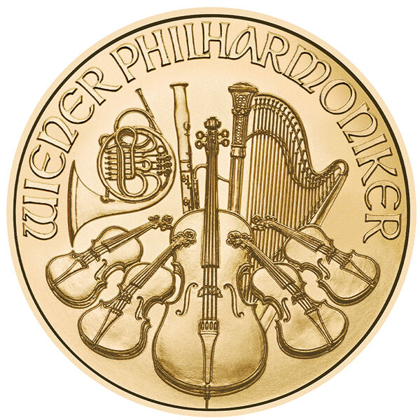1/4 Unze Gold Wiener Philharmoniker 2025 Vorderseite der Goldmünze Wiener Philharmoniker mit den typischen Instrumenten
