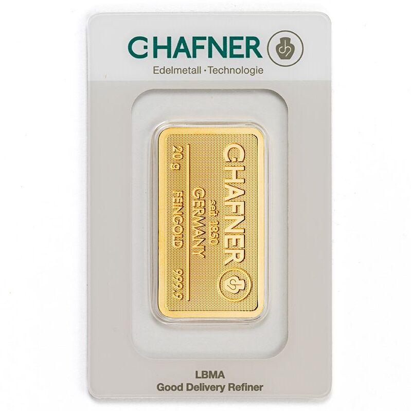 Vorderseite eines 20 g C. Hafner Goldbarrens mit Herstellerlogo, Feingewicht und Feinheitsangabe