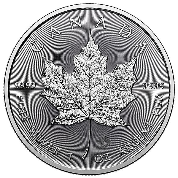 Rückseite der Maple Leaf Silbermünze 1 Unze 2026 mit Ahornblatt-Motiv, Feingewicht und Feingehalt