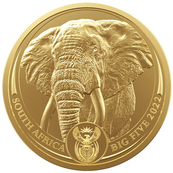 Vorderseite der Südafrika Big Five Elephant Goldmünze 1 Unze 2022 mit Elefanten-Motiv