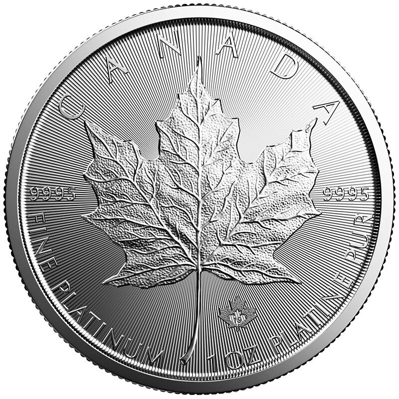 Rückseite der Maple Leaf Platinmünze 1 Unze mit Ahornblatt-Motiv, Feingewicht und Feingehalt