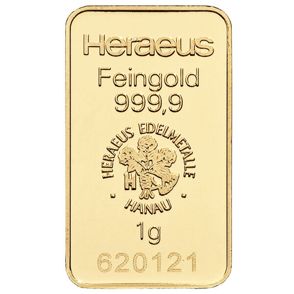 1 g Goldbarren Heraeus im Blister und erkennbarer Seriennummer und Herstellerlogo