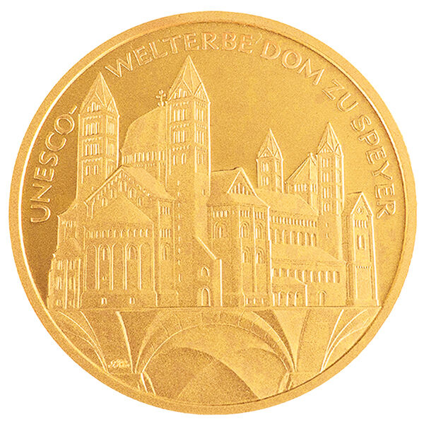 Bildseite der 100 Euro Goldmünze Dom zu Speyer 2019 mit Motiv des Doms zu Speyer