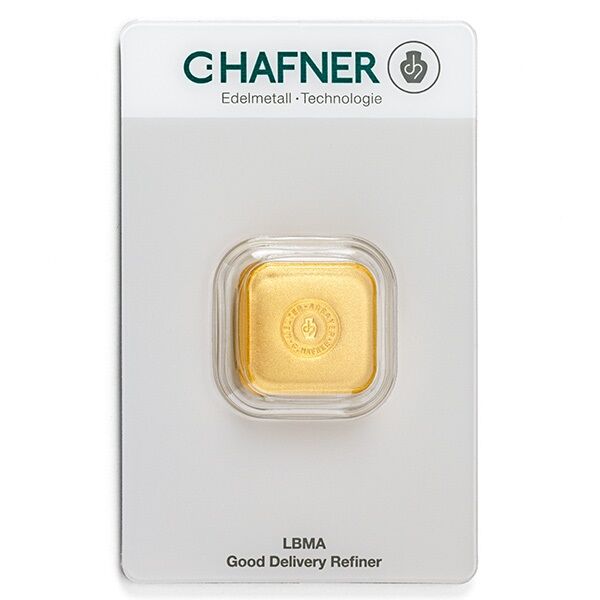 Vorderseite eines gegossenen 50 g C. Hafner Goldbarrens mit Herstellerlogo, Feingewicht und Feinheitsangabe