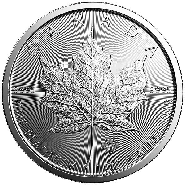 Rückseite der Maple Leaf Platinmünze 1 Unze mit Ahornblatt-Motiv, Feingewicht und Feingehalt