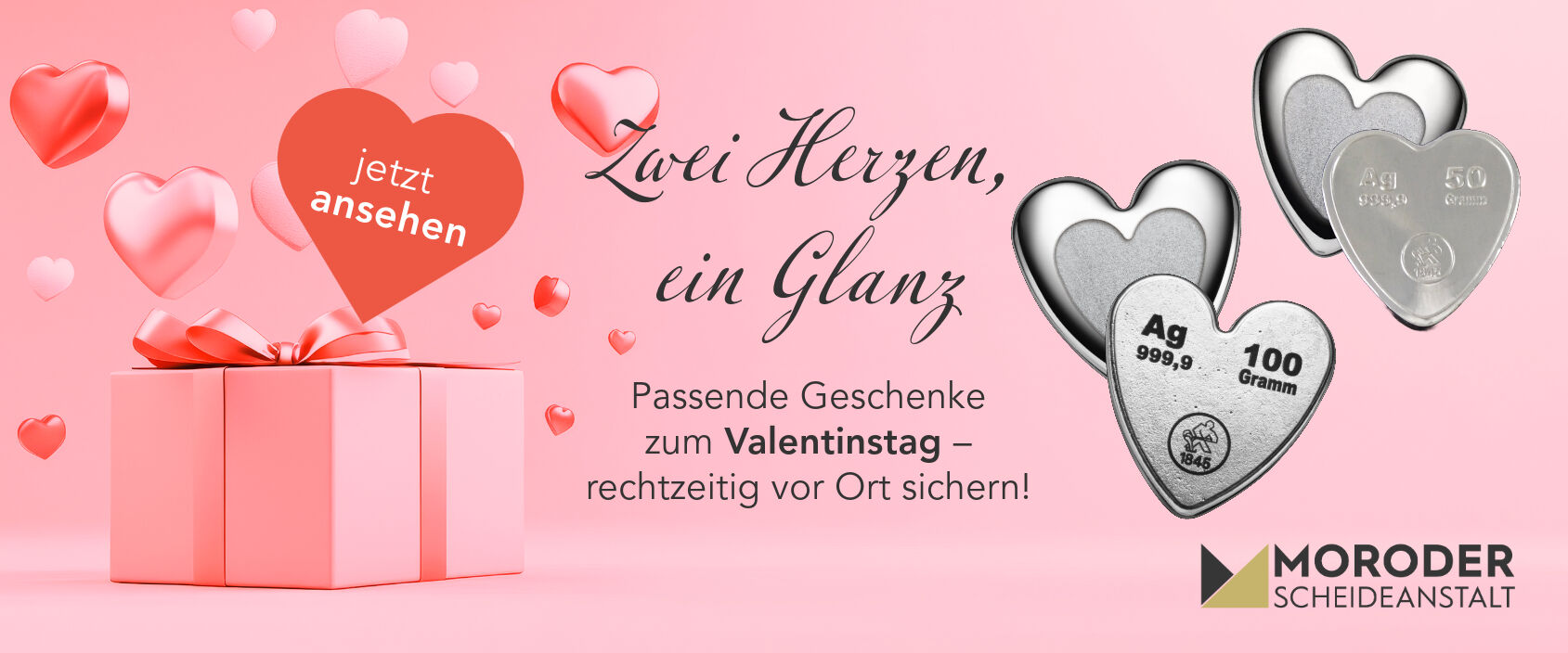 Headergrafik zu Valentinstagsgeschenken mit Silberbarren in Herzform