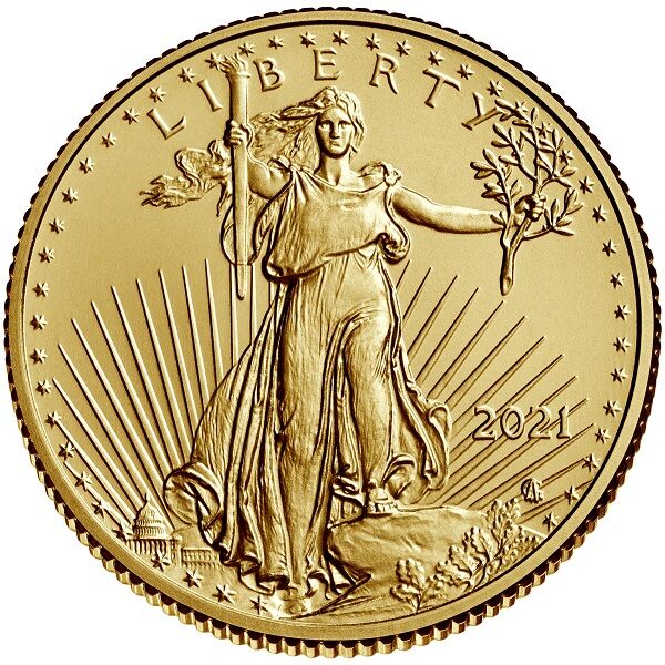 Vorderseite der American Eagle Goldmünze 1/4 Unze 2021 mit Liberty-Motiv, Nennwert und Jahrgang