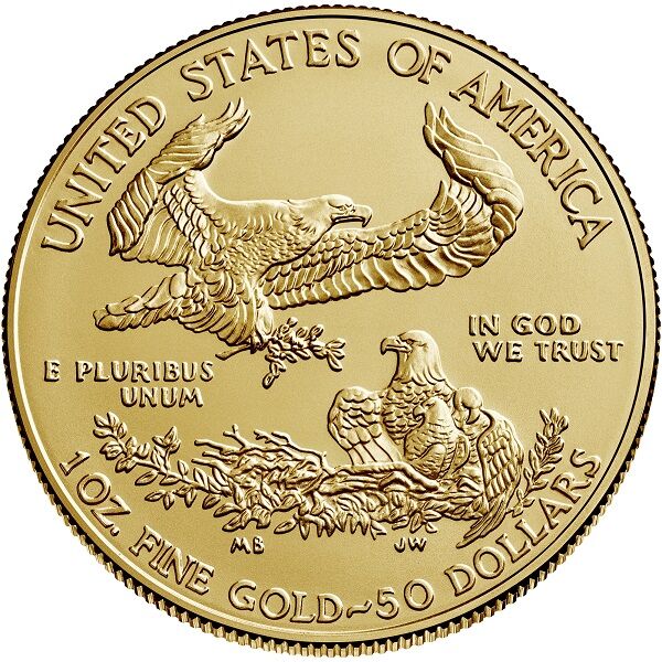 Rückseite der American Eagle Goldmünze 1 Unze mit Adler-Motiv, Feingewicht und Feingehalt