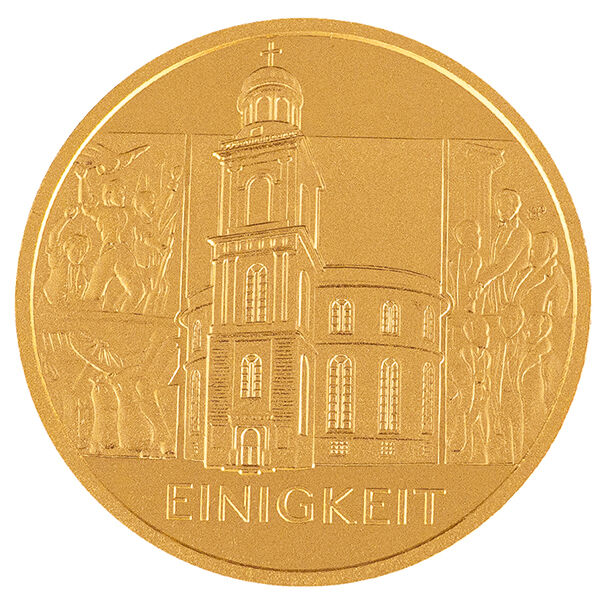 Bildseite der 100 Euro Goldmünze Einigkeit 2020 mit Motiv zur Säule der Demokratie Einigkeit