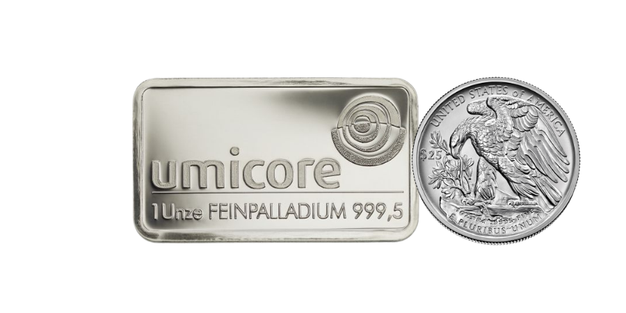Palladiumbarren und Palladiummünzen in vielfältigen Stückelungen und von diversen Herstellern für Ihre Edelmetallanlage