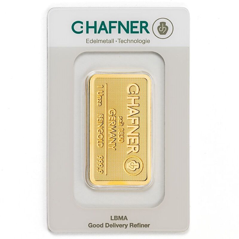 1 oz Goldbarren geprägt Vorderseite C.Hafner Moroder Scheideanstalt 1 oz Goldbarren geprägt Vorderseite C.Hafner Moroder Scheideanstalt