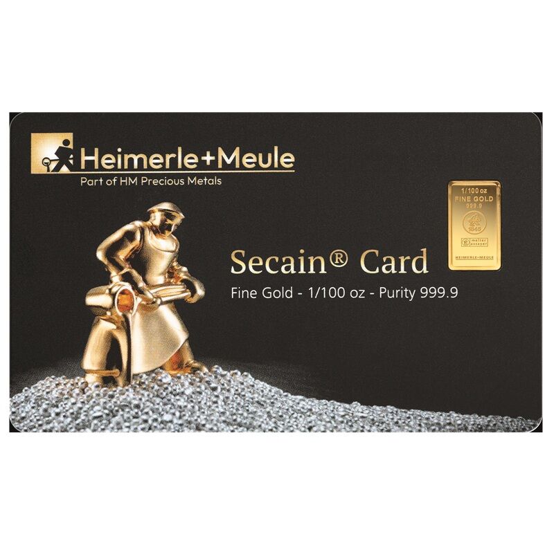 Vorderseite eines 1/100 Unze Heimerle + Meule Goldbarrens in Secain Card mit sichtbarem Goldbarren